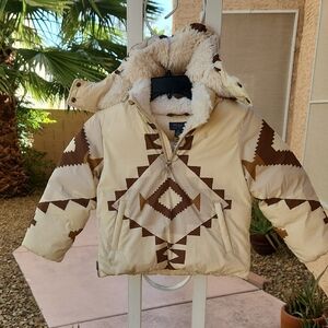 Polo by Ralph Lauren Size 6 Cream & Brown Aztec Puffer Jacket with Faux Fur Hood